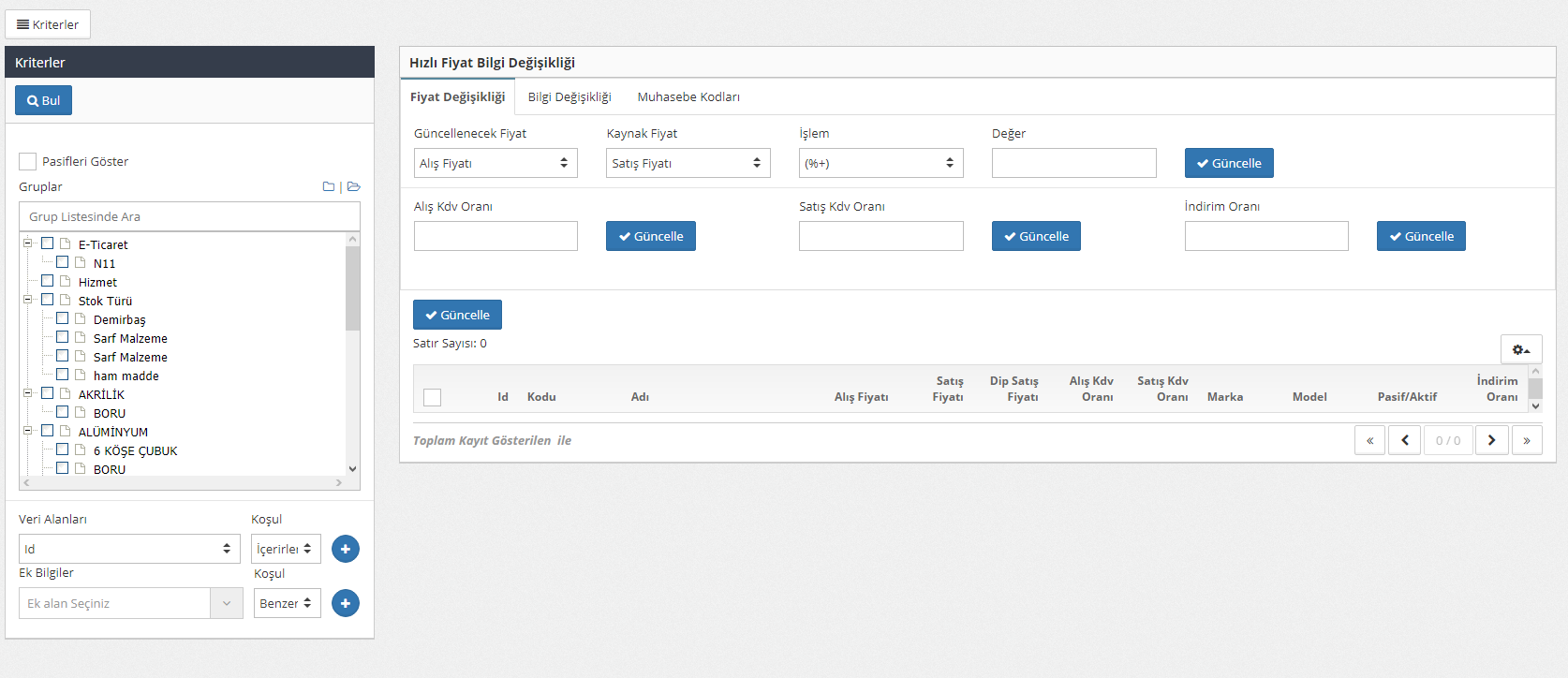 fiyat bilgi değişikliği